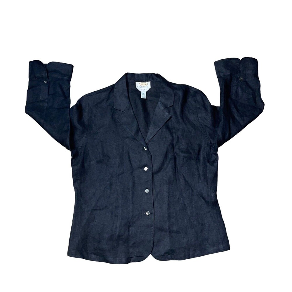 Talbots Womens Sz 10P 100% Irish Linen Shirt Black Long Sleeve Button Blouse Top